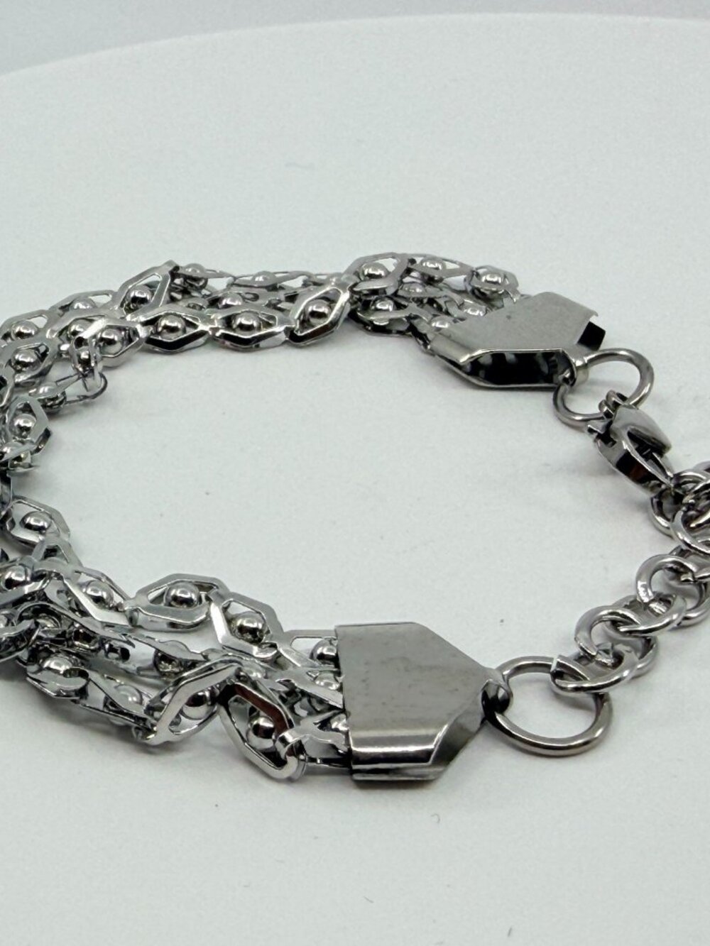 Silver Tone Geometric Multi-Row Chain Bracelet - Boho Statement Jewelry - Picture 6 of 11